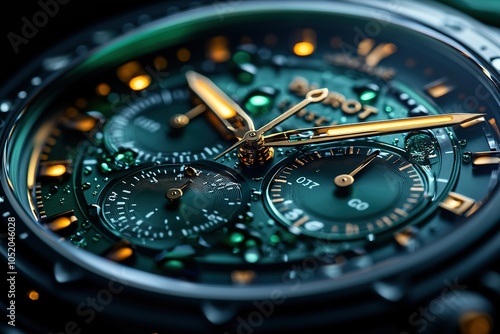 Close-up of a luxury watch with a green face and gold accents