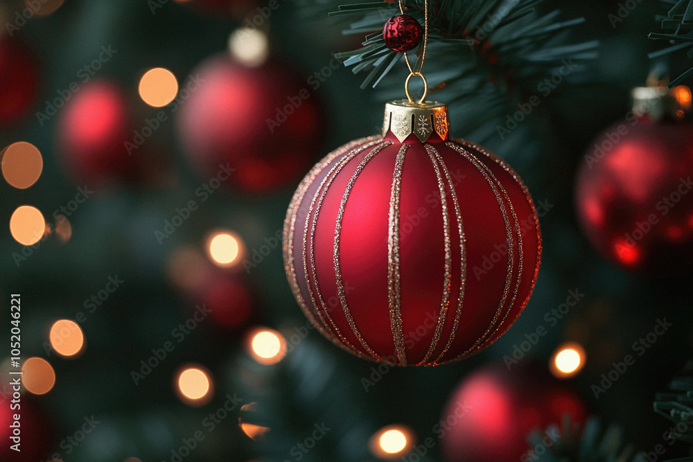 Obraz premium A red ornament hangs from a tree. The tree is decorated with many red ornaments. The tree is lit up with lights