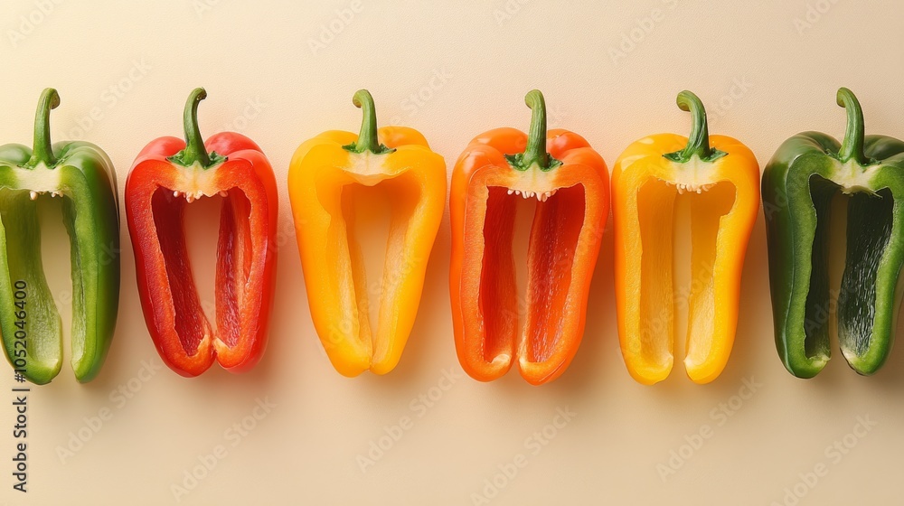 Colorful Bell Peppers Sliced and Arranged on Light-Colored Background Colorful Bell Peppers Sliced and Arranged on Light-Colored Background