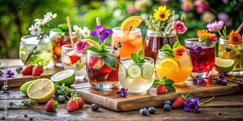 A vibrant display of refreshing beverages with assorted fruits and blooming flowers on a rustic wooden table.