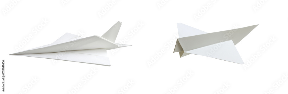 Two paper airplanes in a minimalist design, emphasizing their aerodynamic shapes against a white background. transparent background