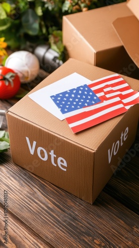 Two ballot boxes with VOTE labels are placed on a wooden table, surrounded by natural light and the American flag behind them photo