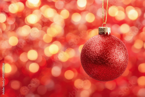 A red ornament hangs from a string. The ornament is surrounded by a blurry background. Concept of warmth and festivity, as the red ornament is a symbol of Christmas