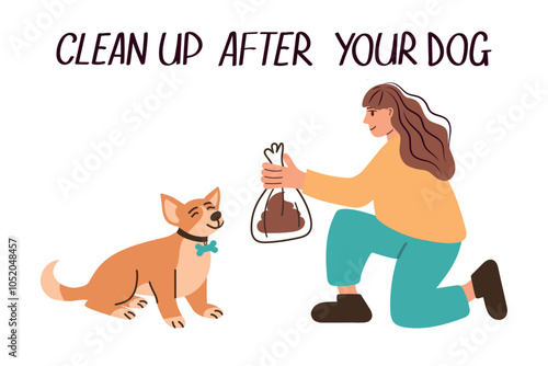 Young woman, the owner of a dog, shows conscientiousness by cleaning up after her puppy