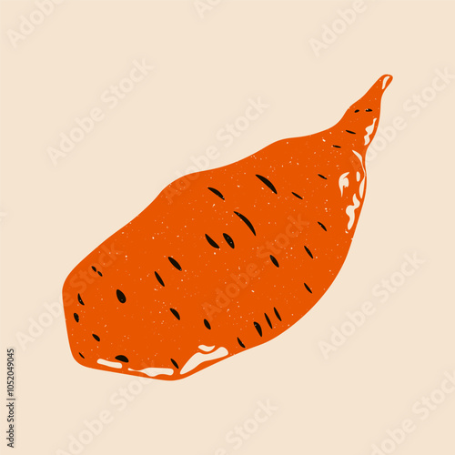 Sweet potato. Abstract natural root vegetable, orange yam tuber healthy vegetarian food linocut print effect, organic starch ingredient risograph style. Vector illustration