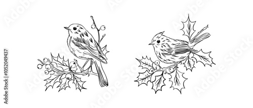 Black and white line art of birds resting on holly branches with berries, capturing a festive winter theme photo