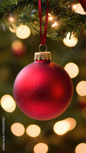 A red ornament hanging from a tree. The light from the tree is reflected in the ornament, creating a warm and festive atmosphere