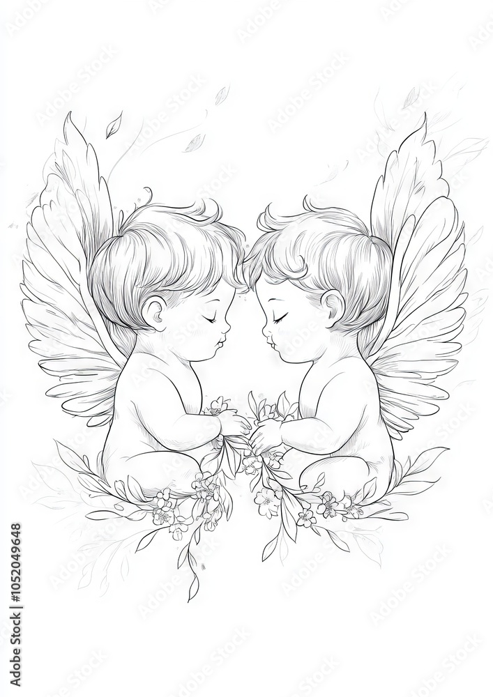 Naklejka premium line-art of two cherubs simple, clean outlines 