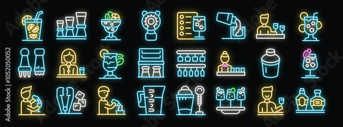 Neon icons representing various aspects of bartending, cocktail preparation, and bar service