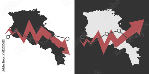 Armenia map with fall and recovery chart, statistics arrow. Vector illustration.