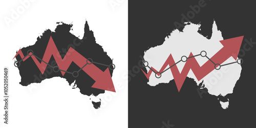 Australia map with fall and recovery chart, statistics arrow. Vector illustration.