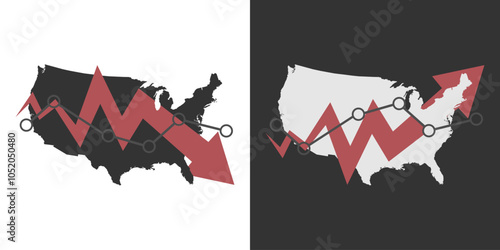 USA map with fall and recovery chart, statistics arrow. Vector illustration.