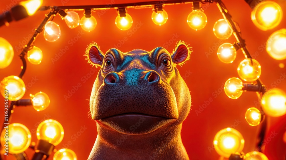Fototapeta premium Serious hippo surrounded by glowing warm lights on orange background, illuminated in theatrical spotlight for humorous effect