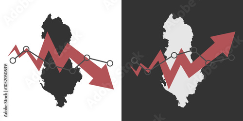 Albania map with fall and recovery chart, statistics arrow. Vector illustration.