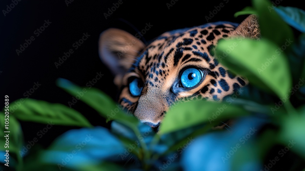 Obraz premium Leopard with Blue Eyes Peeking Through Foliage Wildlife Photography
