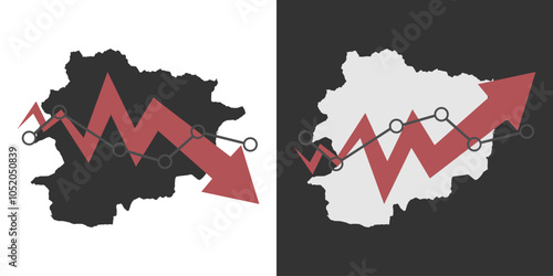 Andorra map with fall and recovery chart, statistics arrow. Vector illustration.