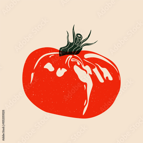 Red tomato risograph effect. Cartoon organic vegetable with retro print effect, healthy food concept for poster card design. Vector isolated illustration