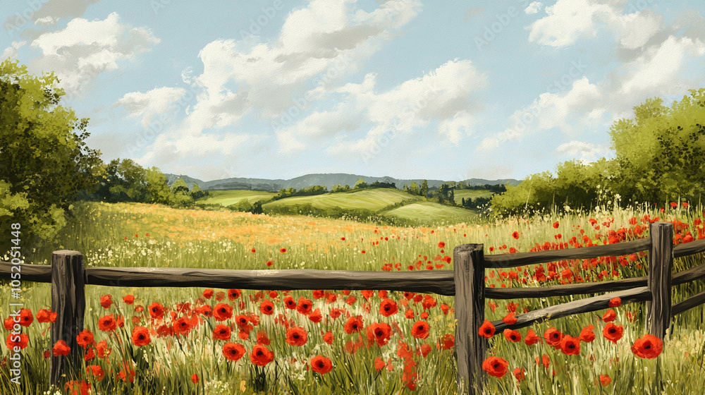 Fototapeta premium Illustration of a poppy farm from a fence 