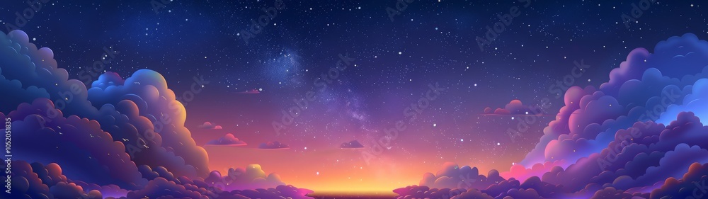 Naklejka premium Starry Night Sky with Dreamy Clouds, a seamless illustration featuring a vast expanse of twinkling stars, soft, ethereal clouds, and gentle gradient hues creating a serene atmosphere