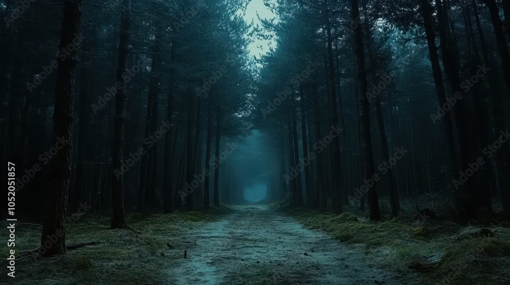 Fototapeta premium The interior of the pine forest is dark and eerie