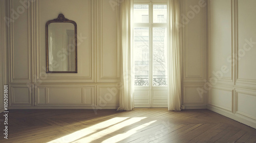 An empty living room with a wooden floor, a bright window, and a wall mirror