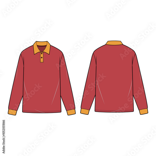 Vector illustration of a long sleeve polo shirt featuring a collared neckline, button placket, and ribbed cuffs, ideal for fashion flats, apparel templates, and tech packs.

