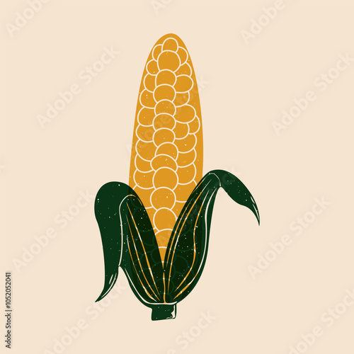 Abstract sweet corn. Fresh organic maize cobs risograph style, yellow cornmeal seeds, flat cartoon food vegetable garnish, healthy vegetarian meal. Vector isolated illustration