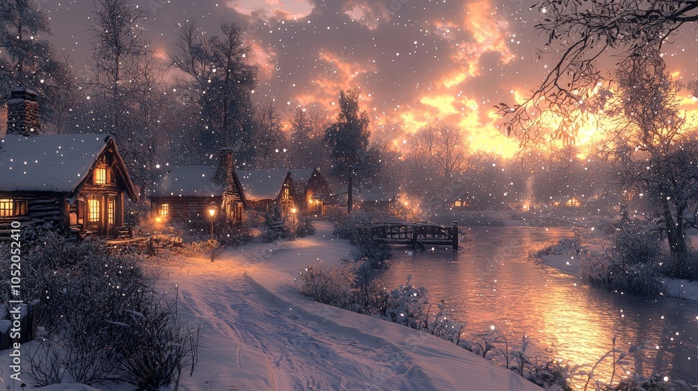 A serene winter landscape with cozy cabins beside a snow-covered river at sunset. A serene winter landscape with cozy cabins beside a snow-covered river at sunset.