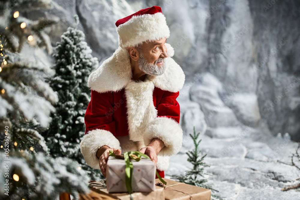 A cheerful figure in a red suit brings holiday joy by presenting a beautifully wrapped gift. A cheerful figure in a red suit brings holiday joy by presenting a beautifully wrapped gift.