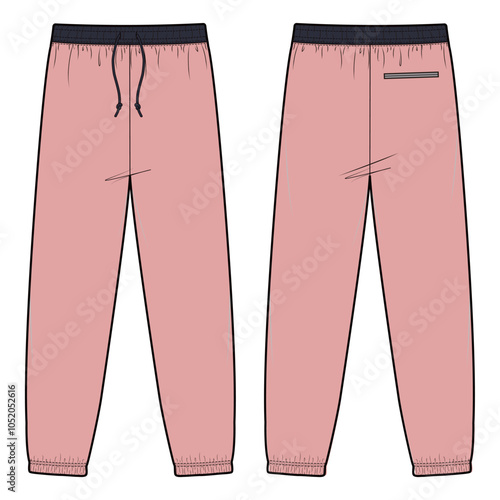 Vector illustration of sweatpants with a relaxed fit, elastic waistband with drawstring, and ribbed cuffs, ideal for fashion flats, apparel templates, and tech packs.

