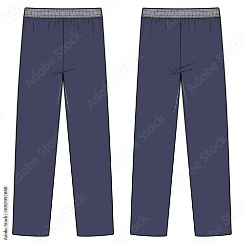 Vector illustration of track pants with a tapered fit, elastic waistband with drawstring, side stripes, and ankle cuffs, ideal for fashion flats, apparel templates, and tech packs.

