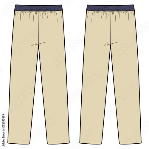 Vector illustration of track pants with a tapered fit, elastic waistband with drawstring, side stripes, and ankle cuffs, ideal for fashion flats, apparel templates, and tech packs.

