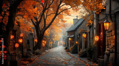 Autumn cute town with lanterns