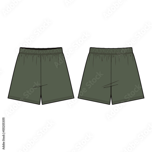 Vector illustration of shorts with a relaxed fit, elastic waistband with drawstring, and side pockets, ideal for fashion flats, apparel templates, and tech packs.

