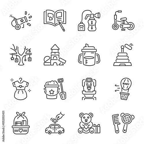 Set of Baby Accessories Linear Style Icons 

