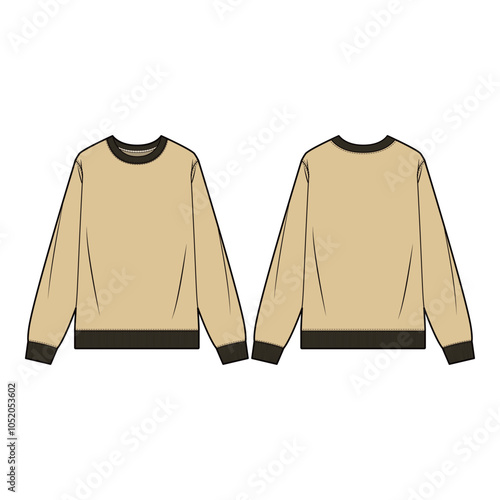 Vector illustration of a sweatshirt with a relaxed fit, crew neck, and ribbed cuffs and hem, perfect for fashion flats, apparel templates, and tech packs.

