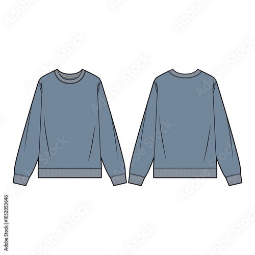 Vector illustration of a sweatshirt with a relaxed fit, crew neck, and ribbed cuffs and hem, perfect for fashion flats, apparel templates, and tech packs.

