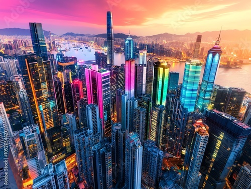 Stunning cityscape view of vibrant skyscrapers illuminated at sunset, overlooking a bustling harbor and mountains in the background. photo