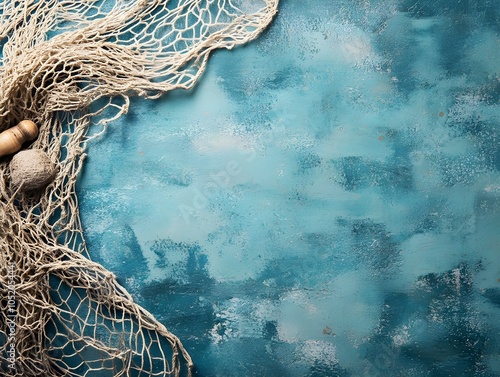Rustic Fishing Net and Bobber on Blue Background