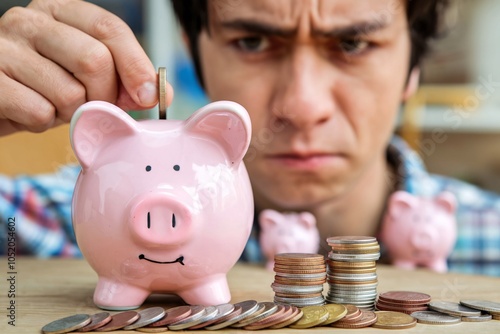 Man Saving Money with Piggy Bank and Coins