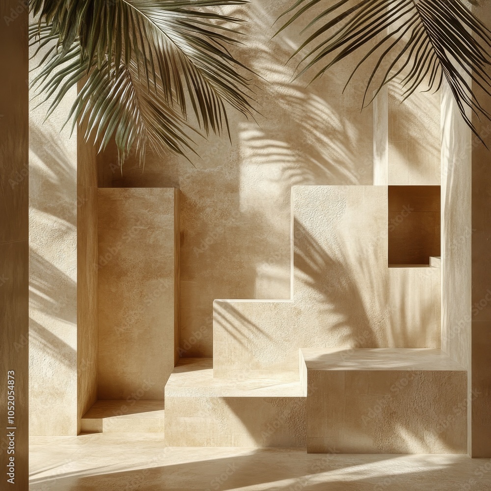A modern sandy interior with textured walls and palm shadows in a serene setting