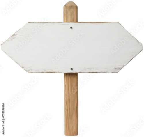 Blank white signpost on wooden stake, isolated on white background. cut out, PNG, transparent background. photo