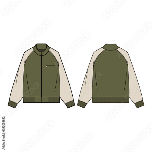 Front and back view technical flat of a bomber jacket with raglan sleeves, ribbed cuffs, and zipper closure, illustrated in a minimalist outline style.
