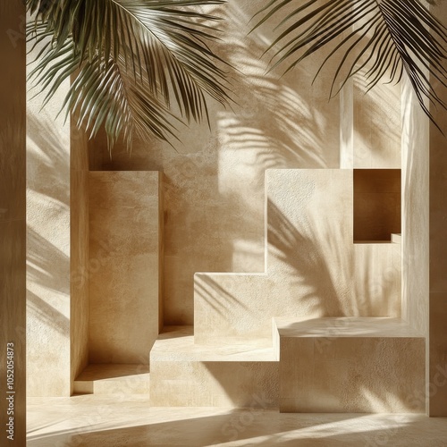 A modern sandy interior with textured walls and palm shadows in a serene setting