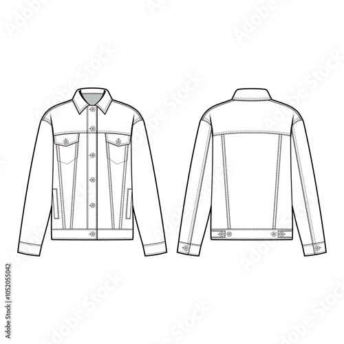 Front and back view technical flat of a classic denim jacket with buttoned chest pockets, collar, and adjustable waistband, illustrated in a minimalist outline style.
