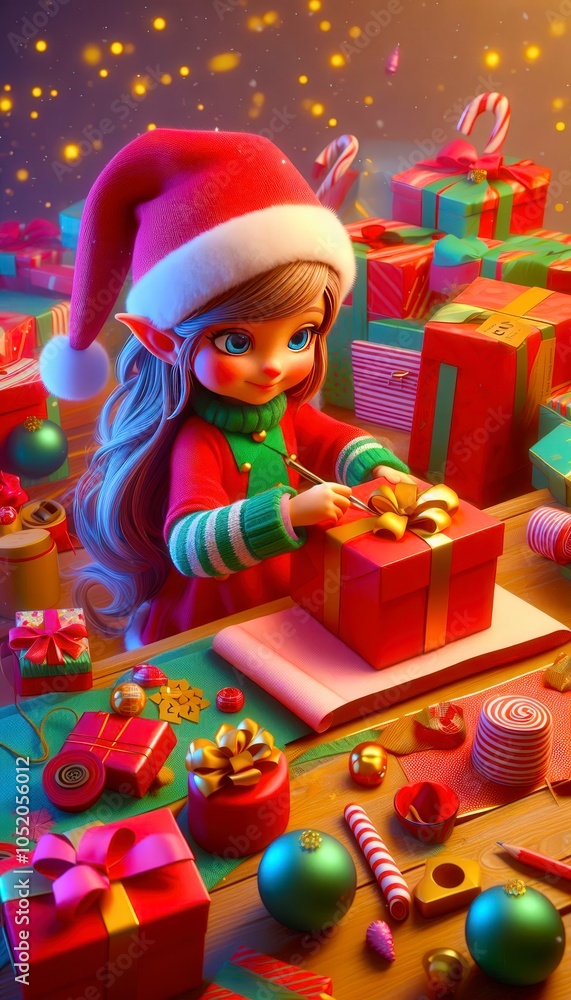 A festive 3D scene featuring a Christmas Eve elf packing gifts for kids, with glowing presents in the background, creating a warm and magical holiday atmosphere. A festive 3D scene featuring a Christmas Eve elf packing gifts for kids, with glowing presents in the background, creating a warm and magical holiday atmosphere.