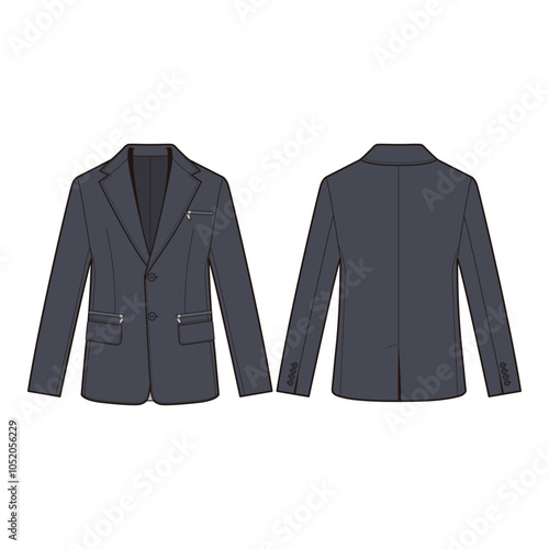 Technical flat of a classic blazer in front and back views, featuring notched lapel, buttons, and pocket details, designed in a minimalist outline style.

