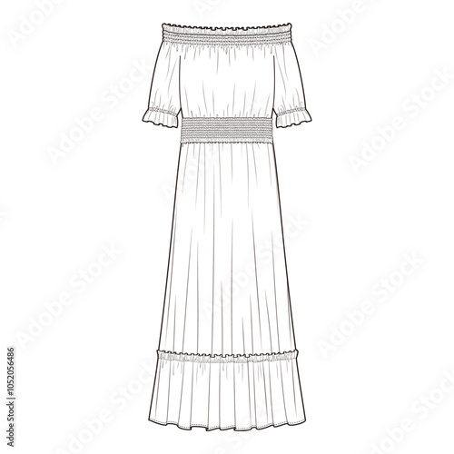 Front view technical flat of an off-the-shoulder maxi dress with a smocked bodice, ruffled sleeves, and tiered hem in a minimalist outline style.
