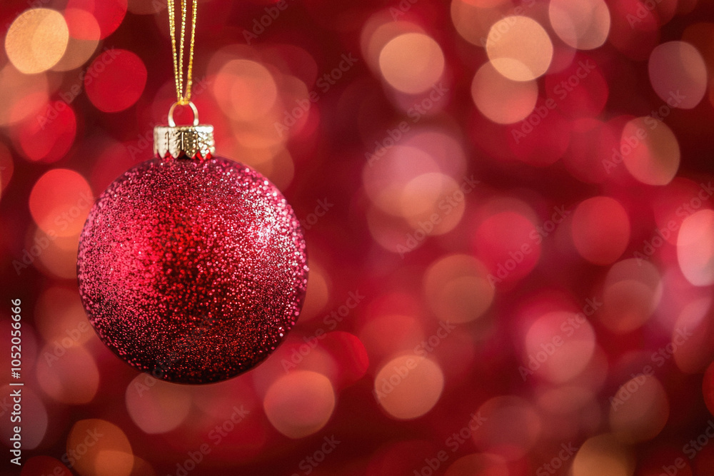 Fototapeta premium A red and gold ornament hangs from a string. The ornament is a Christmas ball. The background is blurry and red