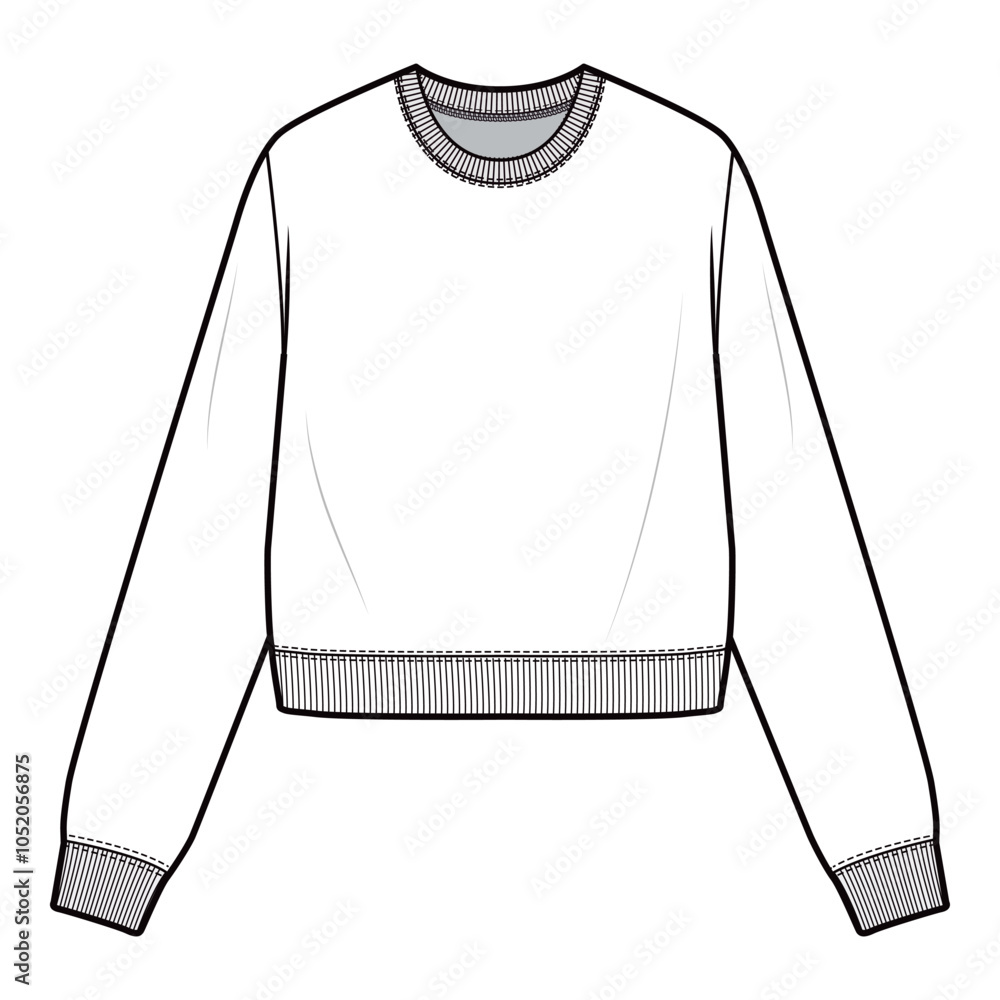 Front view technical flat of a crew neck sweatshirt with ribbed cuffs and waistband, illustrated in a minimalist outline style.
Front view technical flat of a crew neck sweatshirt with ribbed cuffs and waistband, illustrated in a minimalist outline style.